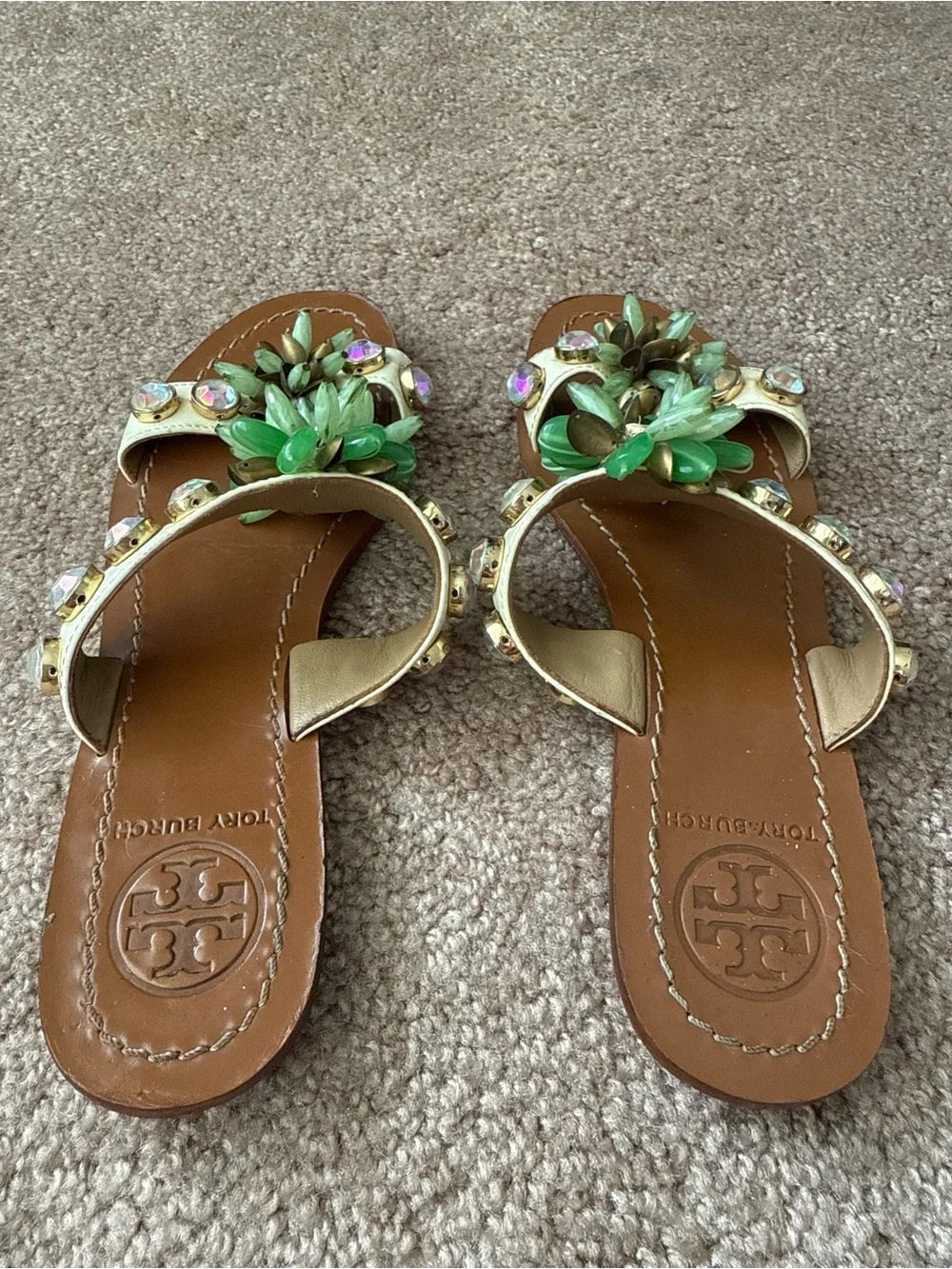 Tory Burch Sydney Leather Slides Sandals with Crystal Studs  Floral Accents
